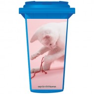 White Cat Playing Wheelie Bin Sticker Panel